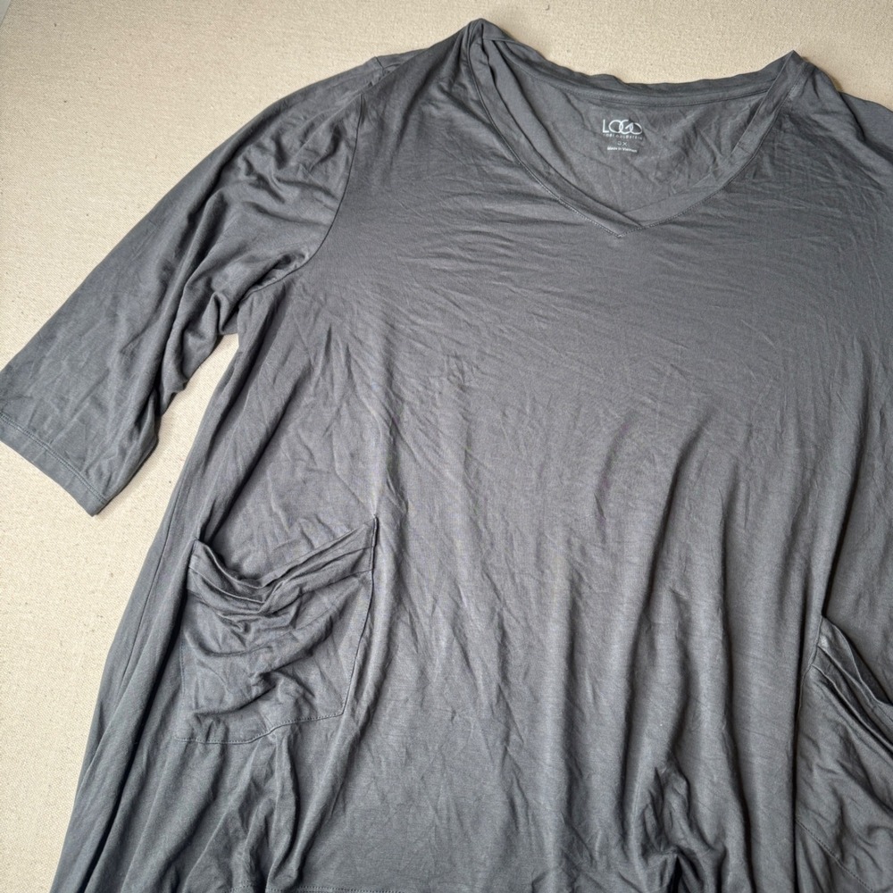LOGO Lori Goldstein 3X Charcoal Gray V-Neck Sharkbite Hem 3/4 Sleeve Tunic Top